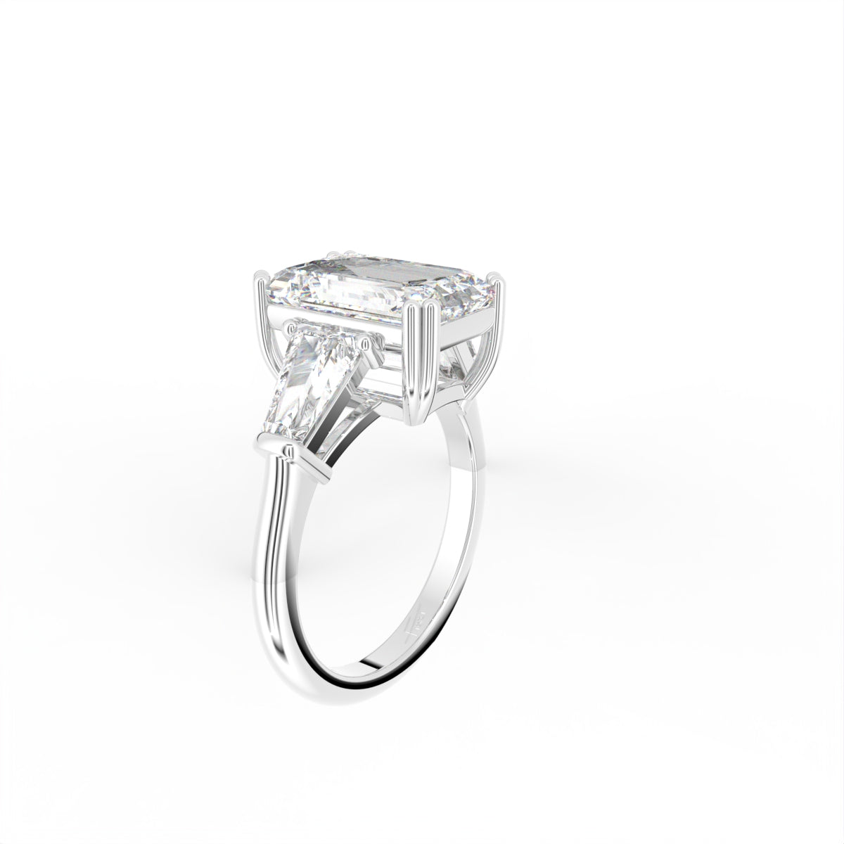 18K White Gold Trilogy Emerald Diamond Ring — 3D VIEW