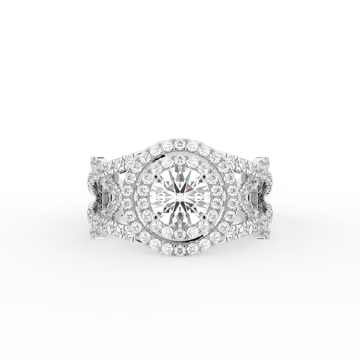 18K Halo Round Diamond Split Shank Ring — TOP