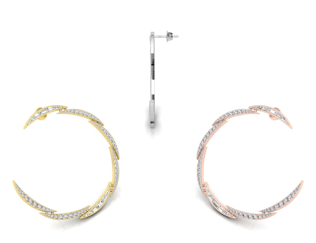 18K White Gold Round Diamond Moon Earrings — 3 COLOR