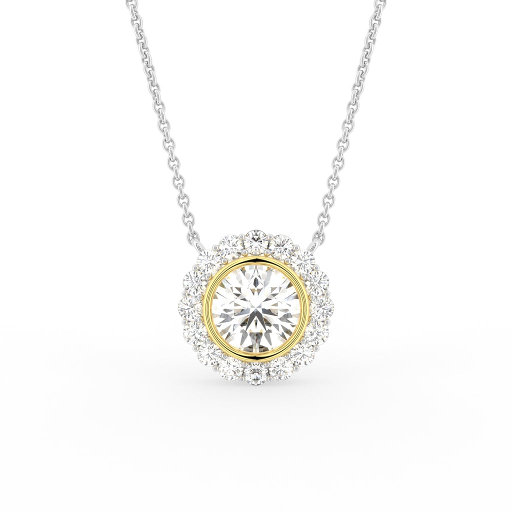 18K Solitaire Halo Round Diamond Pendant — FRONT