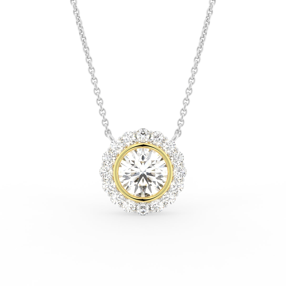 18K Solitaire Halo Round Diamond Pendant — FRONT