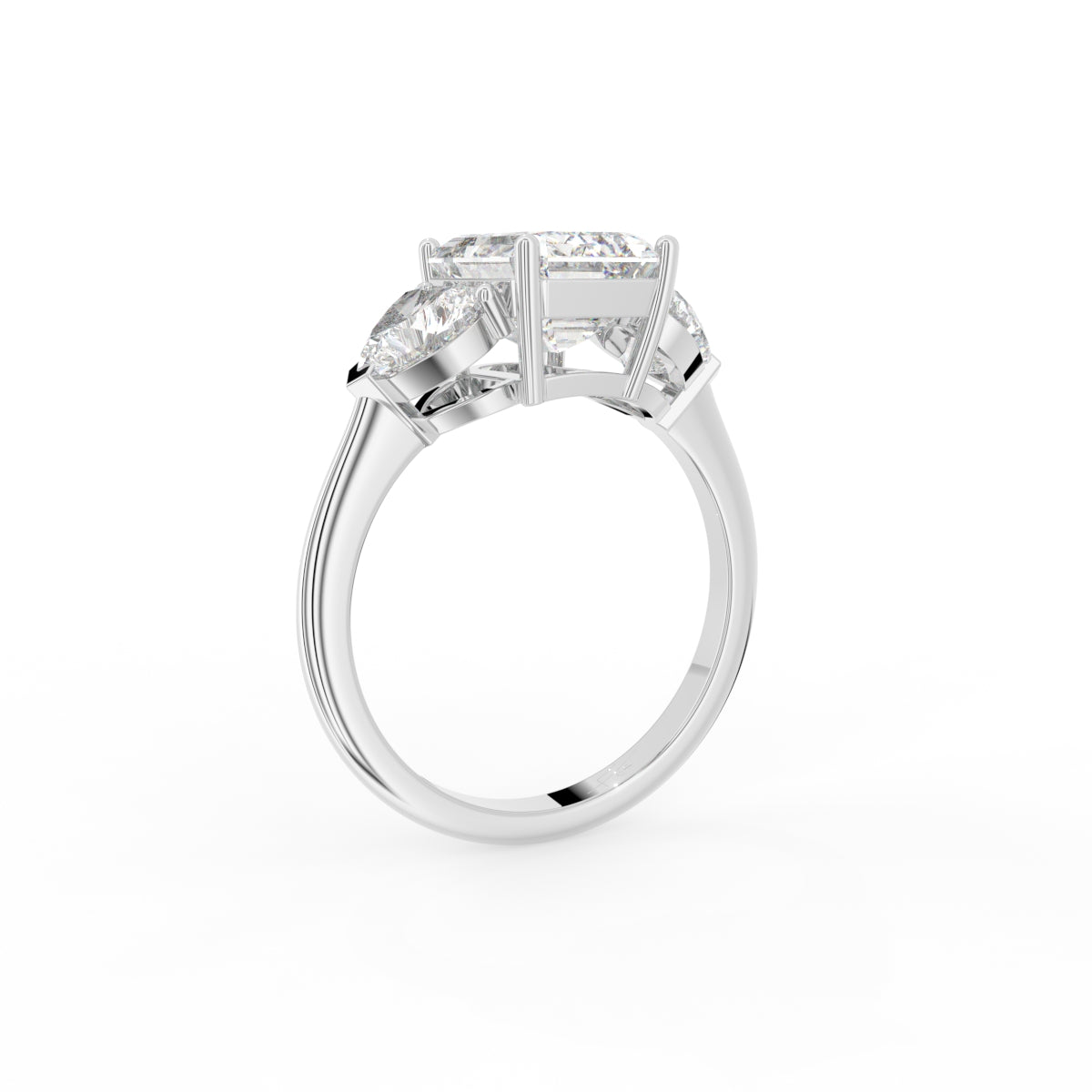 18K White Gold Trilogy Emerald Diamond Engagement Ring — 3D VIEW