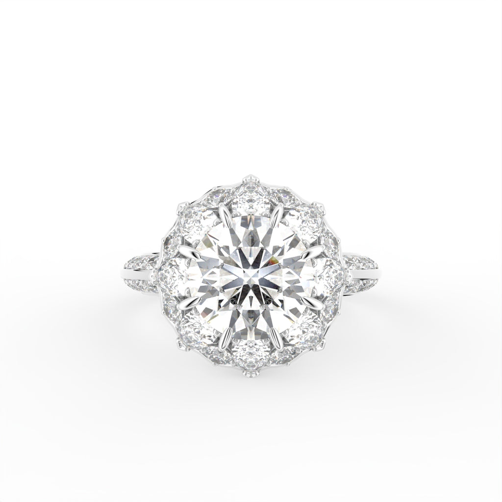 18K White Gold Floral Round Diamond Ring — TOP