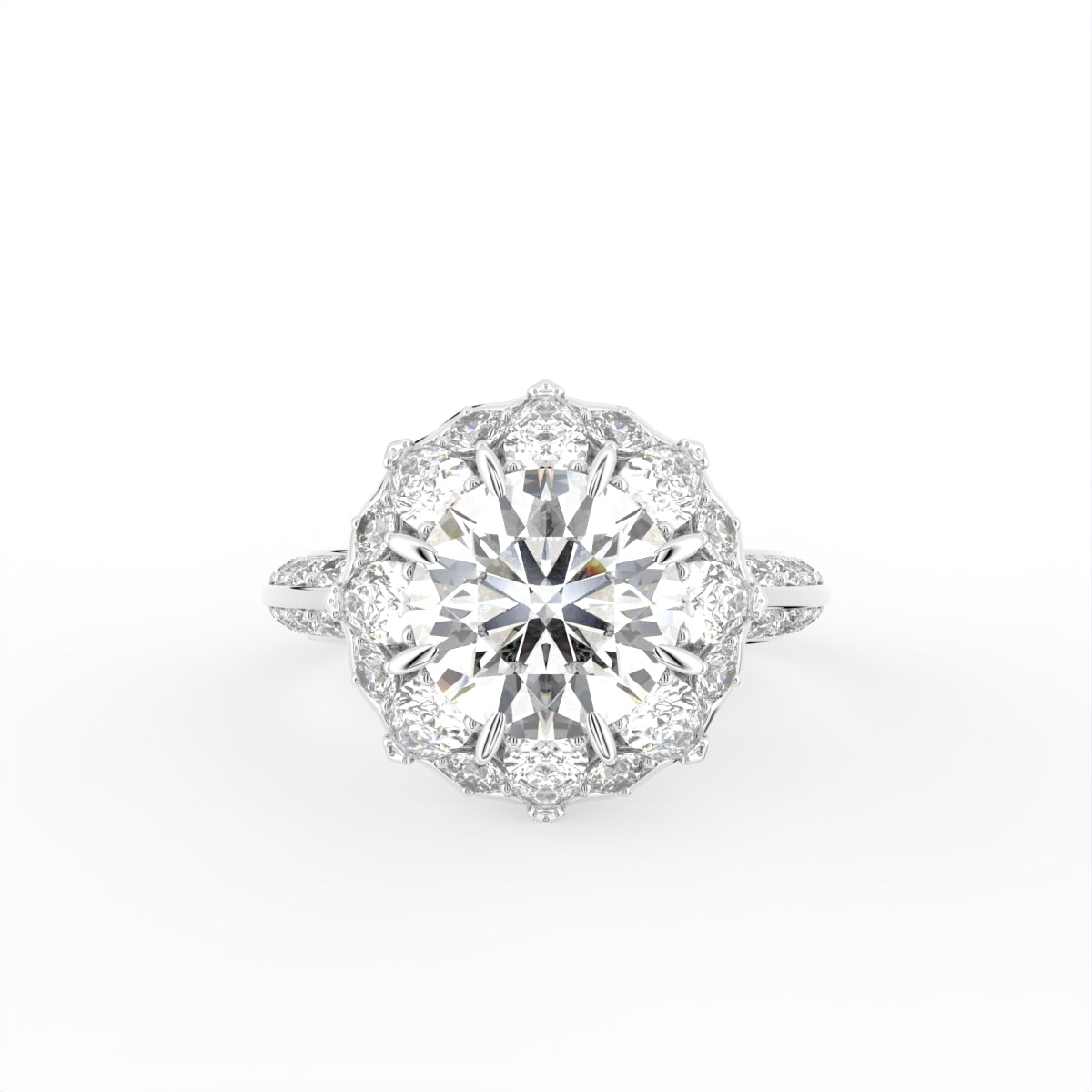 18K White Gold Floral Round Diamond Ring — TOP