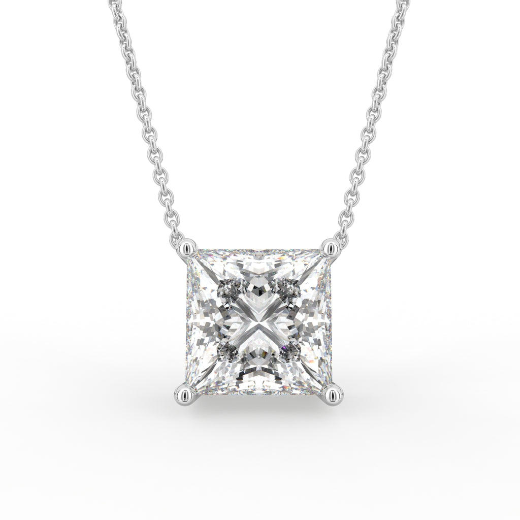 18K White Gold Princess Solitaire Diamond Pendant — FRONT