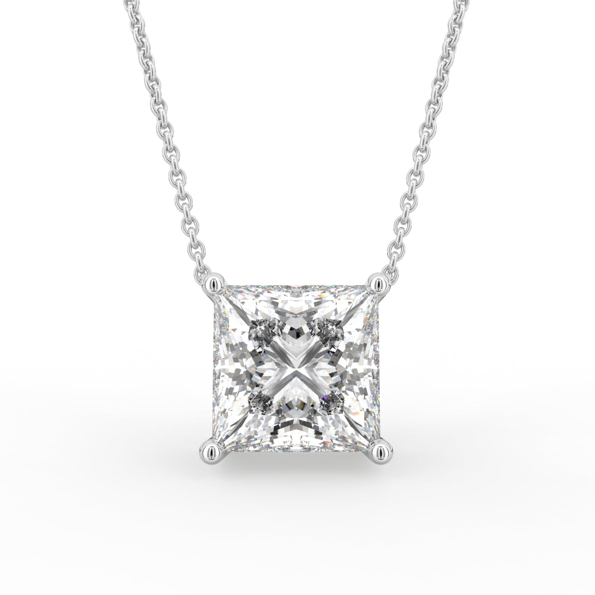 18K White Gold Princess Solitaire Diamond Pendant — FRONT