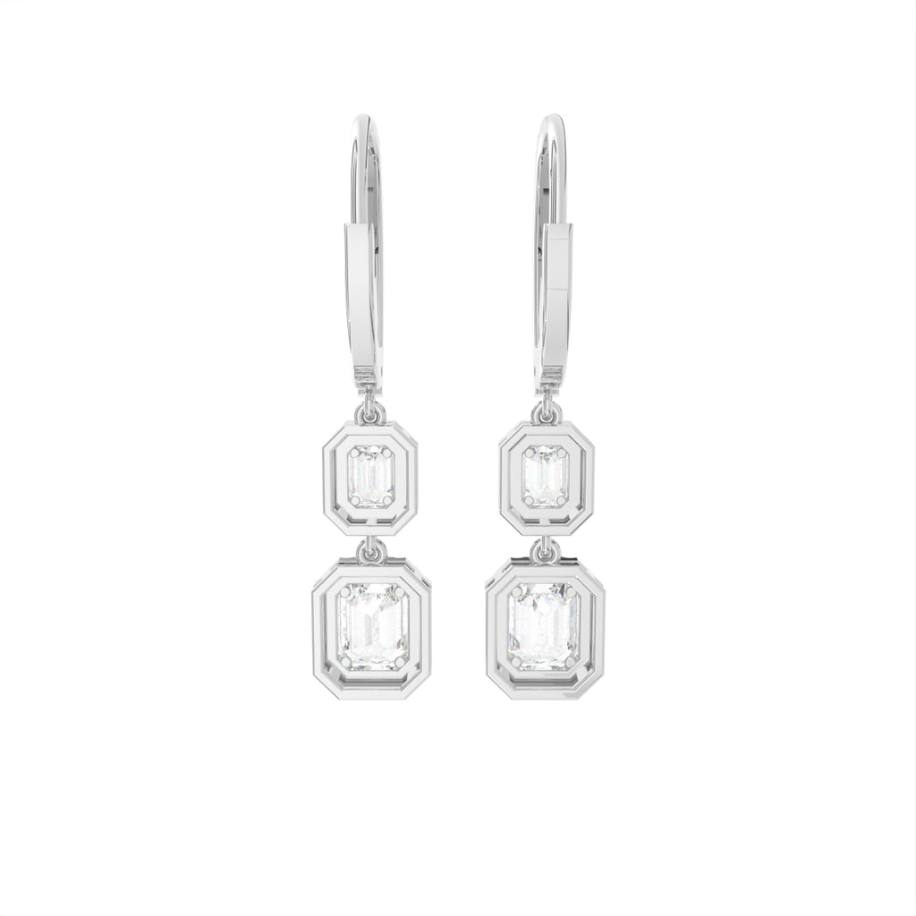 18K White Gold Emerald Cut Halo Diamond Drop Earrings — BACK