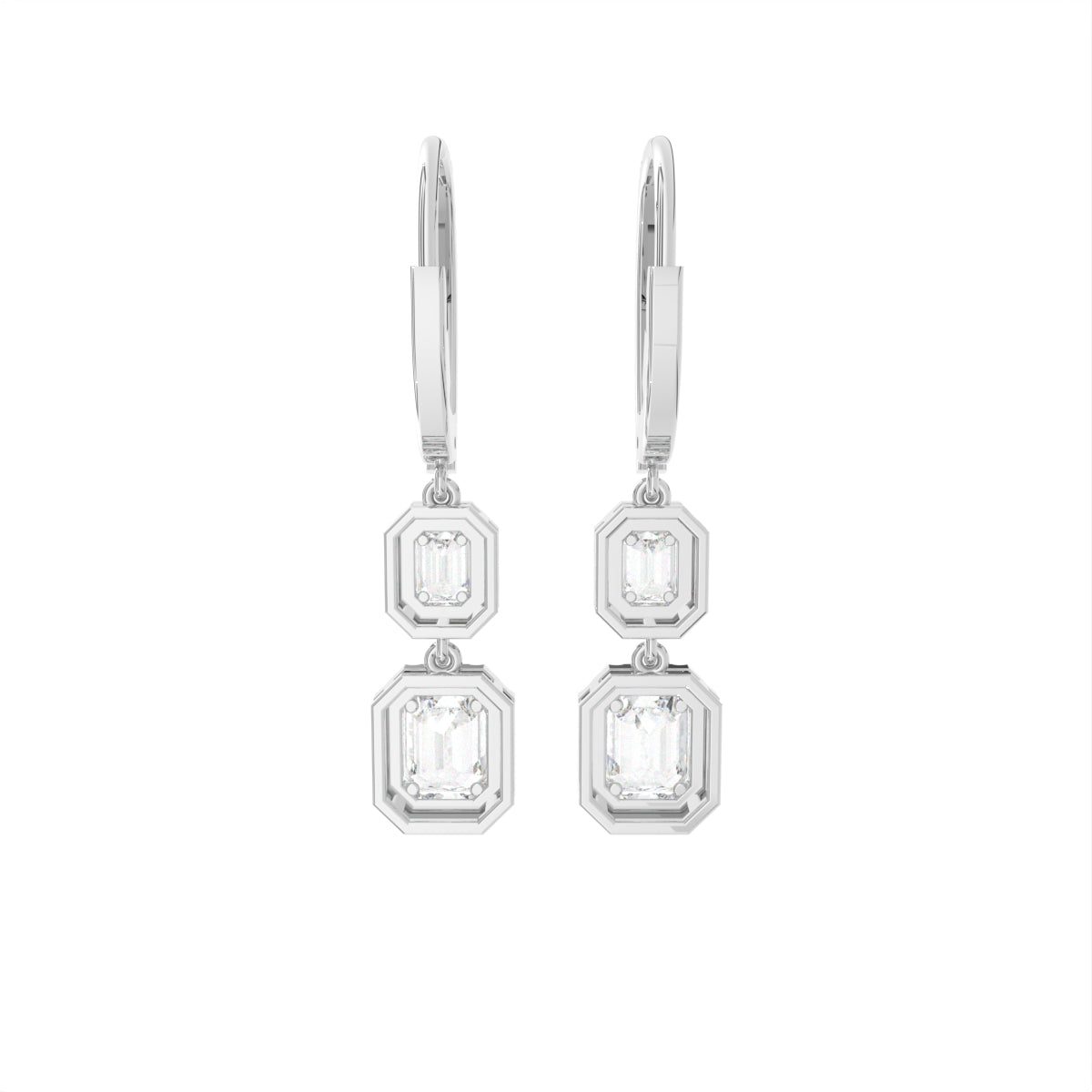 18K White Gold Emerald Cut Halo Diamond Drop Earrings — BACK