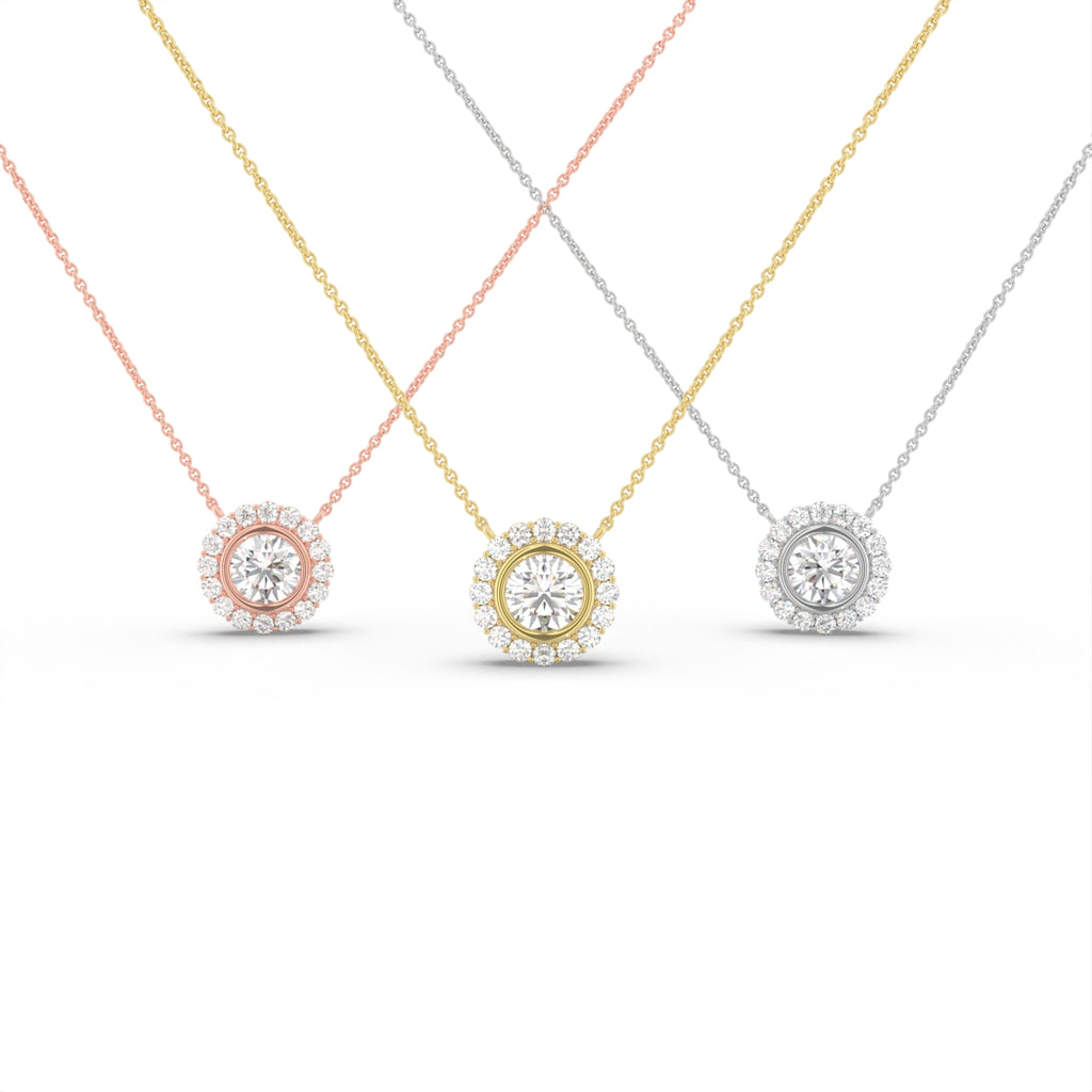 18K Solitaire Halo Round Diamond Pendant — 3 COLOR