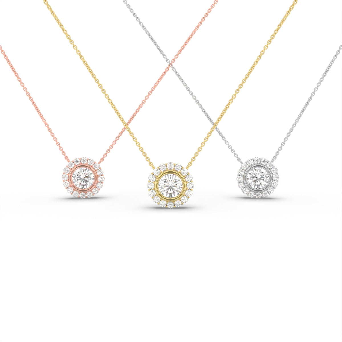 18K Solitaire Halo Round Diamond Pendant — 3 COLOR