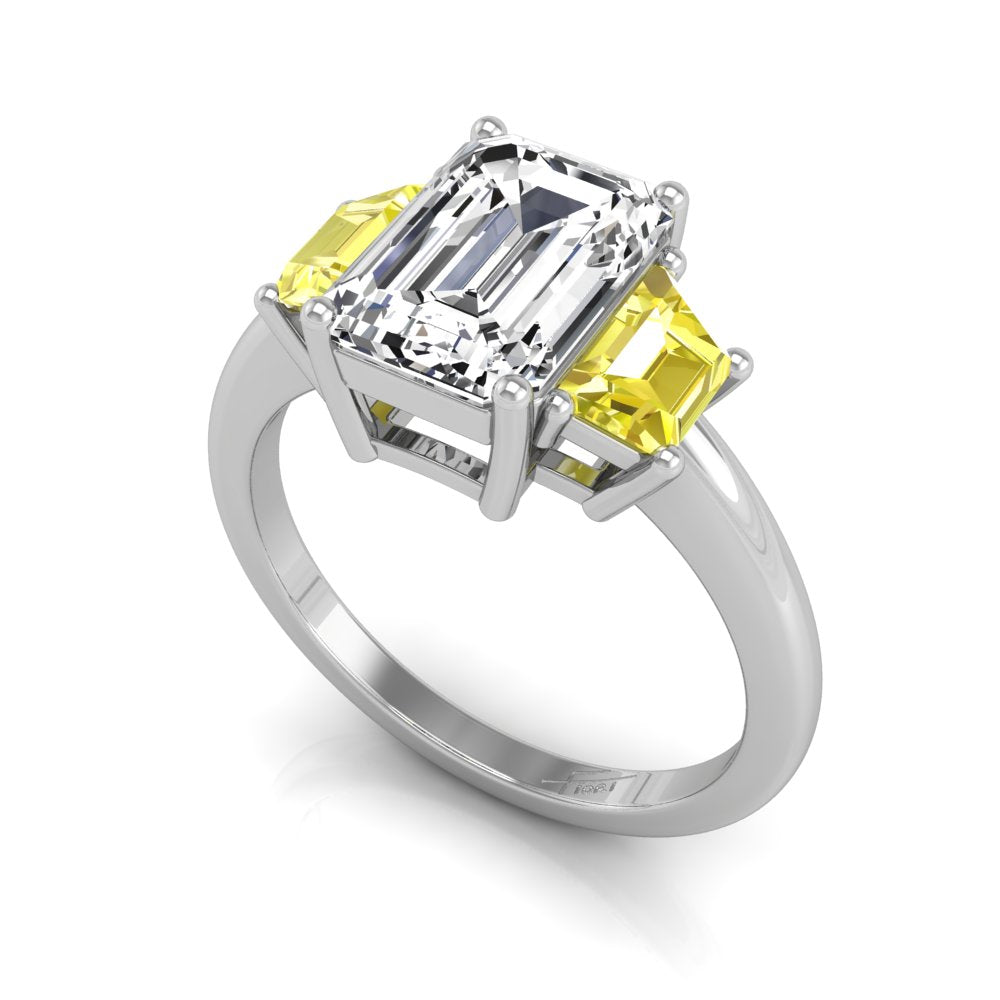18K White Gold Trilogy Emerald Diamond Ring — 3D VIEW