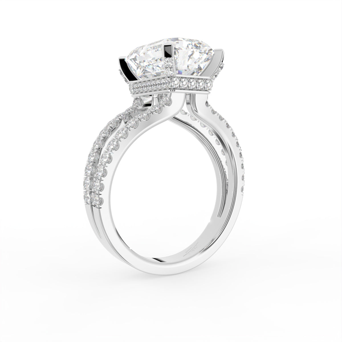 18K Shoulder Set Emerald Cut Diamond Ring — 3D VIEW