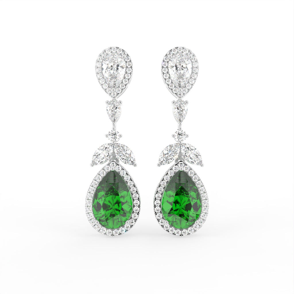 18K White Gold Pear Emerald Diamond Drop Earrings — TOP