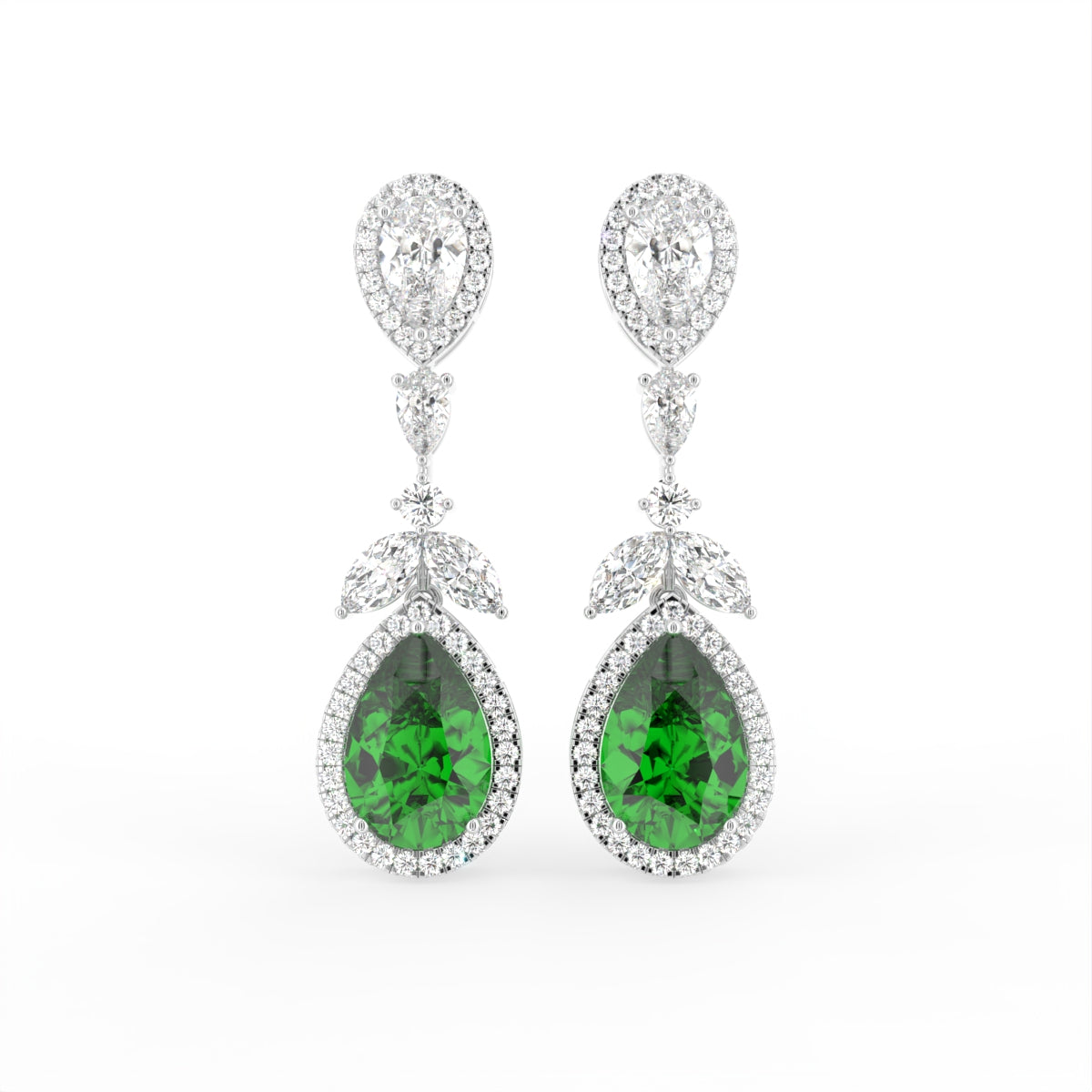 18K White Gold Pear Emerald Diamond Drop Earrings — TOP