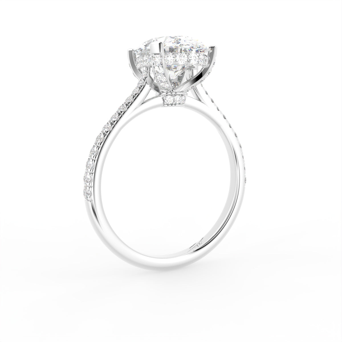 18K Oval Solitaire Pavé Diamond Engagement Ring — 3D VIEW