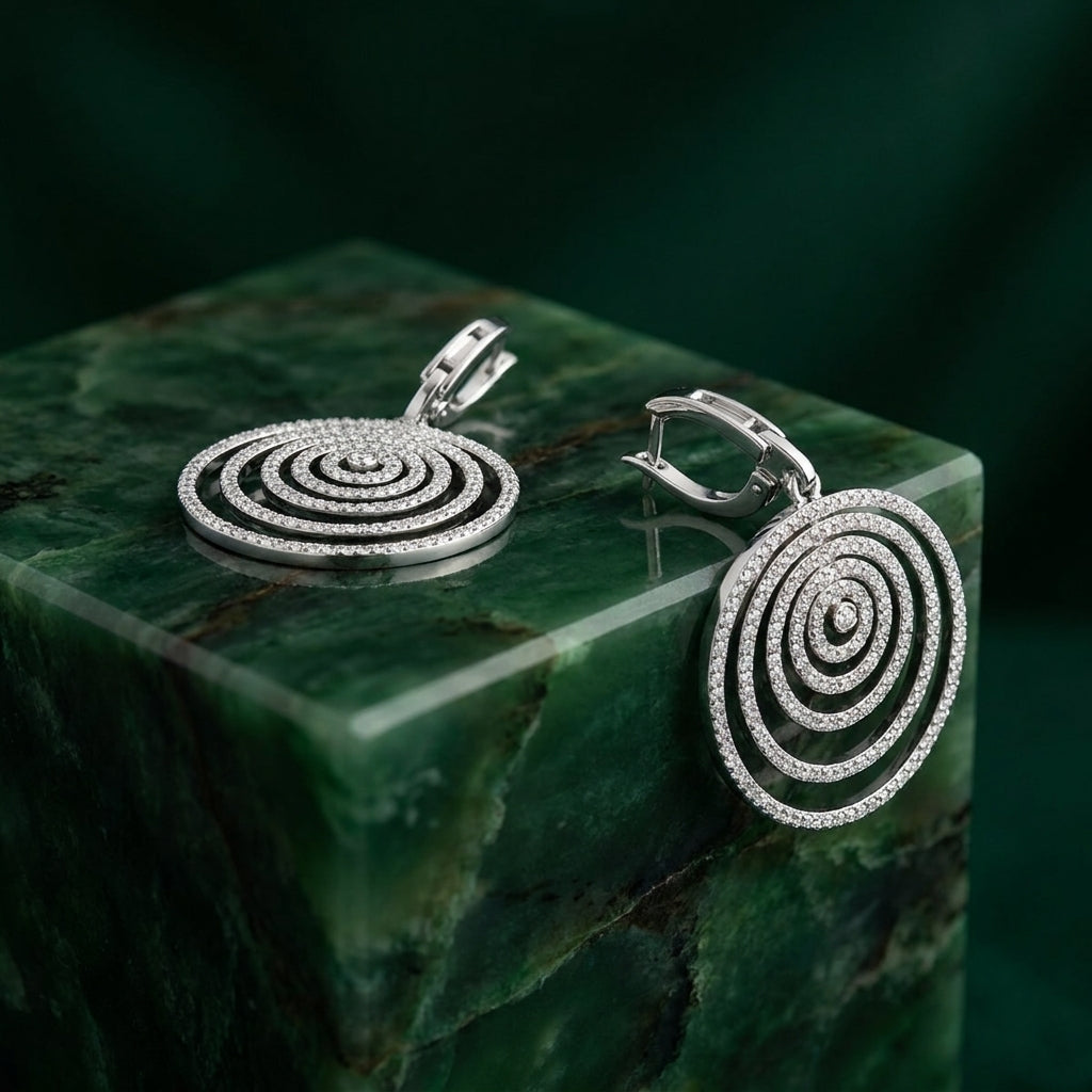 18K White Gold Round Diamond Spiral Drop Earrings