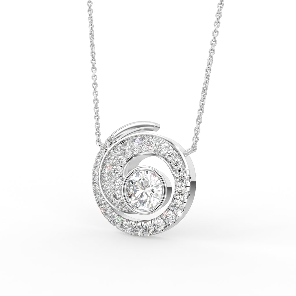 18K White Gold Spiral Round Diamond Pendant — 3D VIEW
