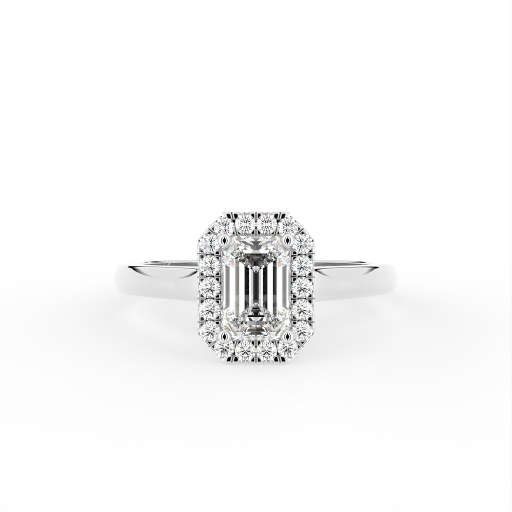18K Halo Emerald-Cut Diamond Ring — TOP