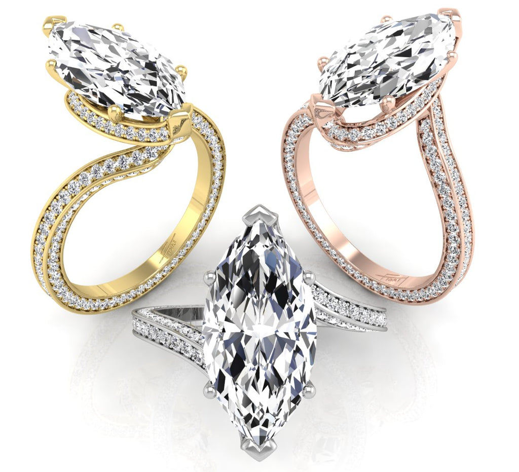 18K White Gold Marquise Diamond Engagement Ring — 3 COLOR