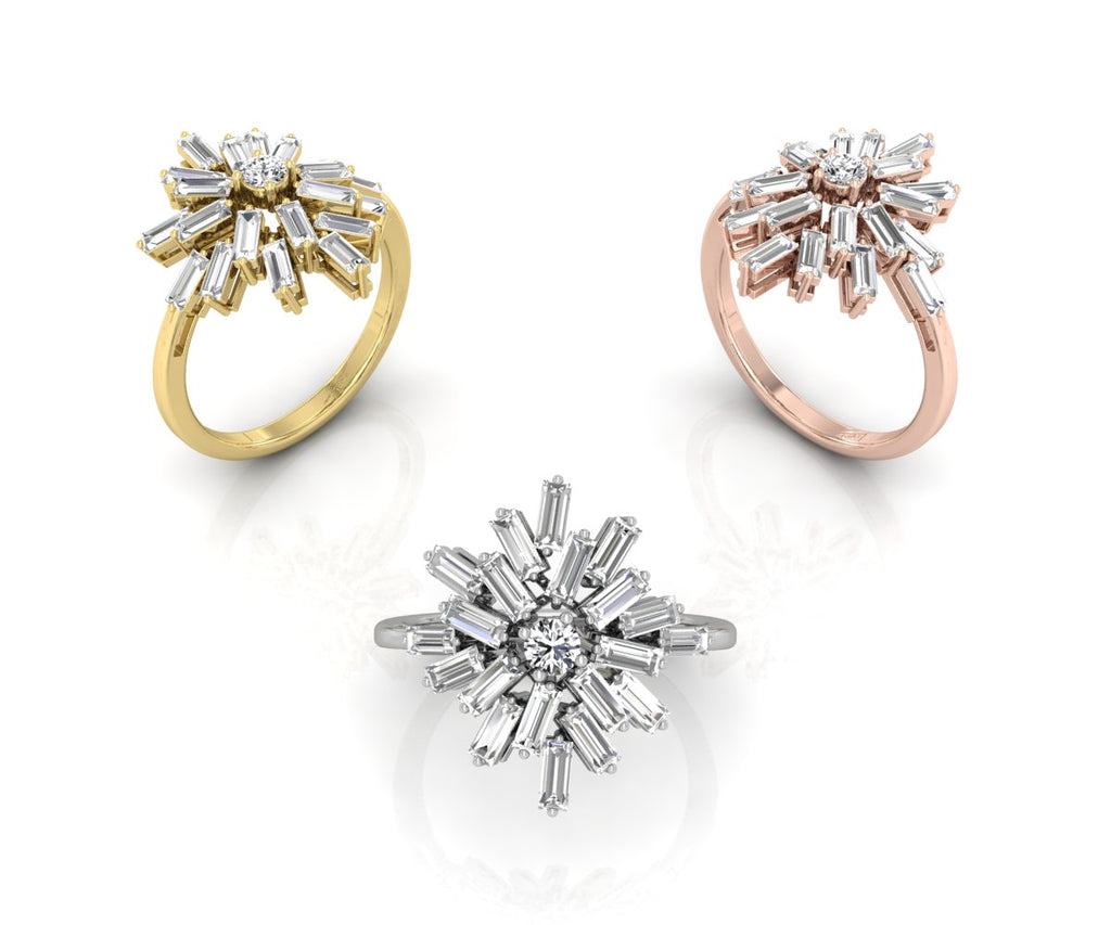 18K Floral Baguette Diamond Ring — 3 COLOR