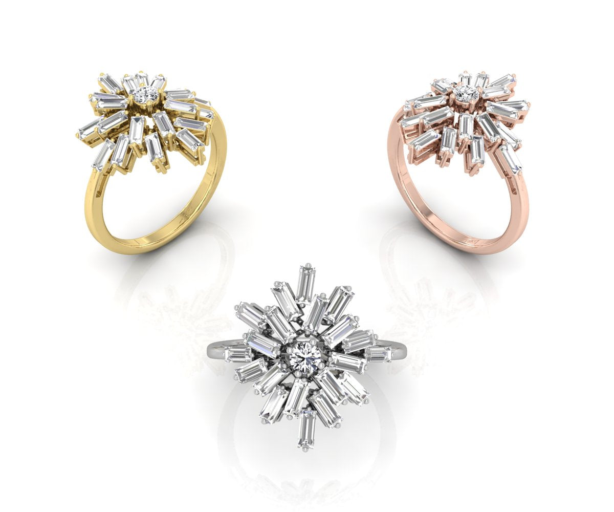 18K Floral Baguette Diamond Ring — 3 COLOR