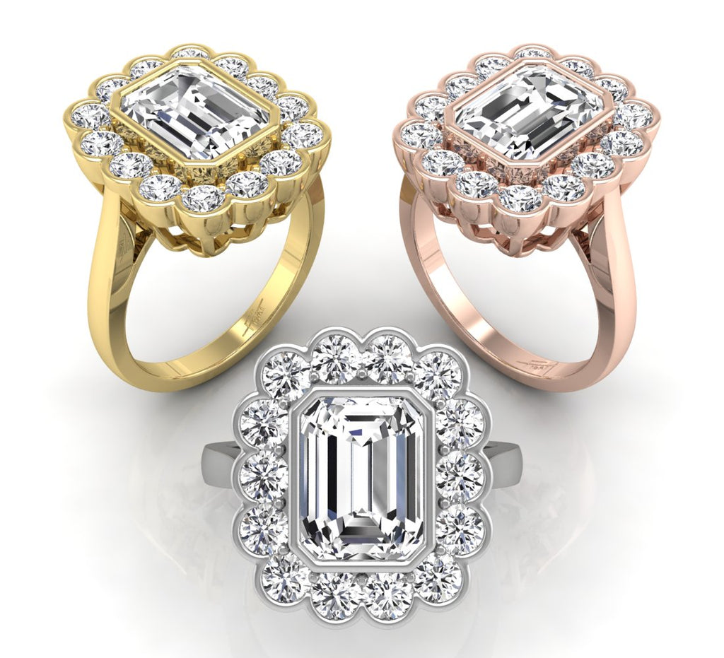 18K Halo Emerald Cut Diamond Solitaire Ring — 3 COLOR
