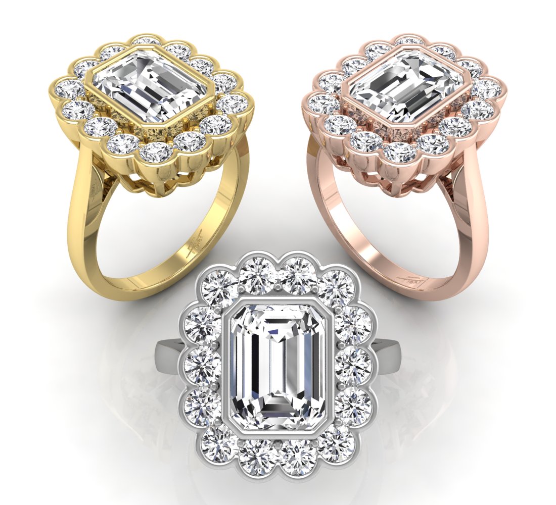 18K Halo Emerald Cut Diamond Solitaire Ring — 3 COLOR