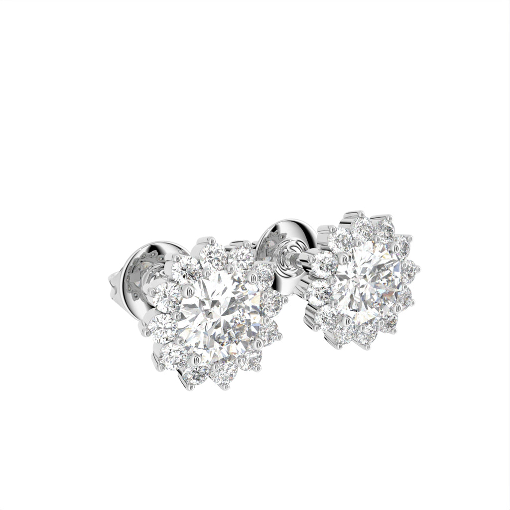 18K Halo Diamond Earrings — 3D VIEW