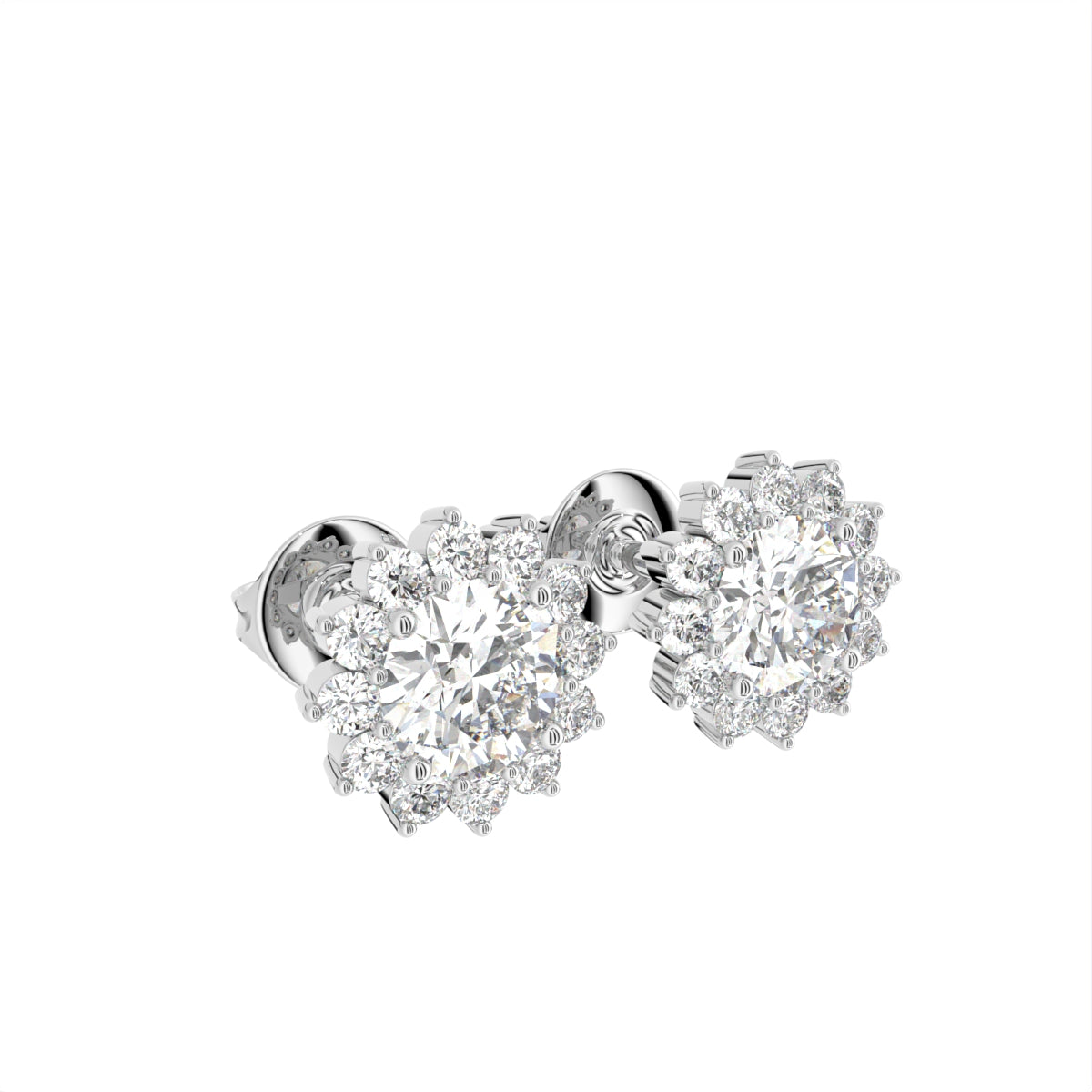 18K Halo Diamond Earrings — 3D VIEW