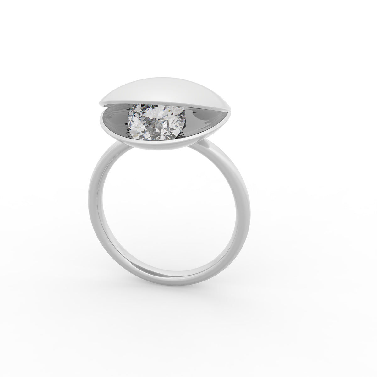 18K Bespoke Shell Solitaire Diamond Ring — 3D VIEW