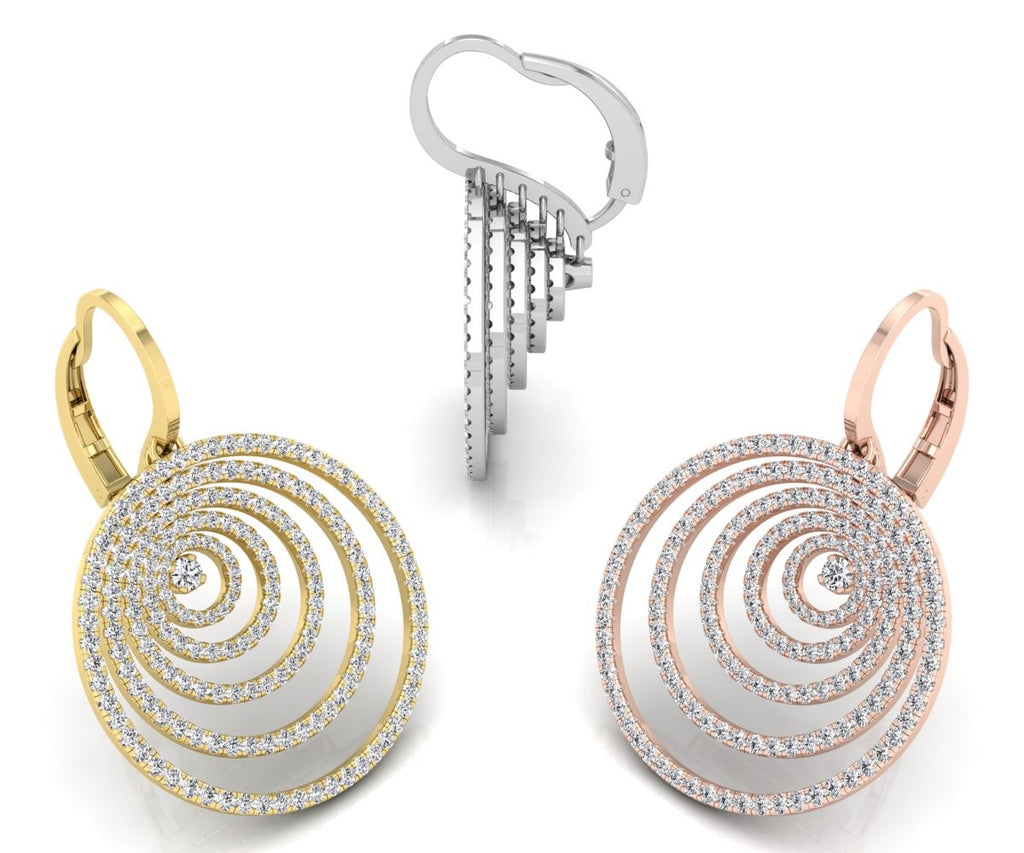 18K White Gold Round Diamond Spiral Drop Earrings — 3 COLOR