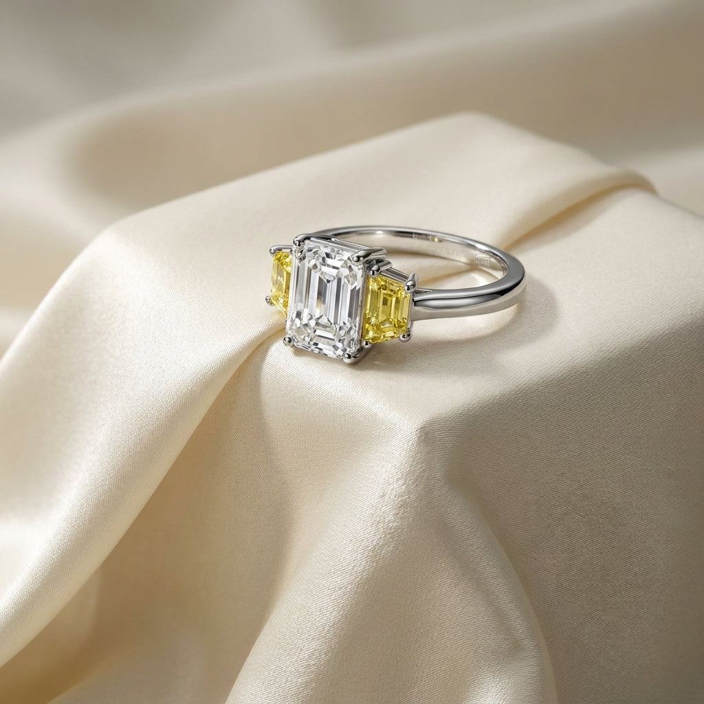18K White Gold Trilogy Emerald Diamond Ring