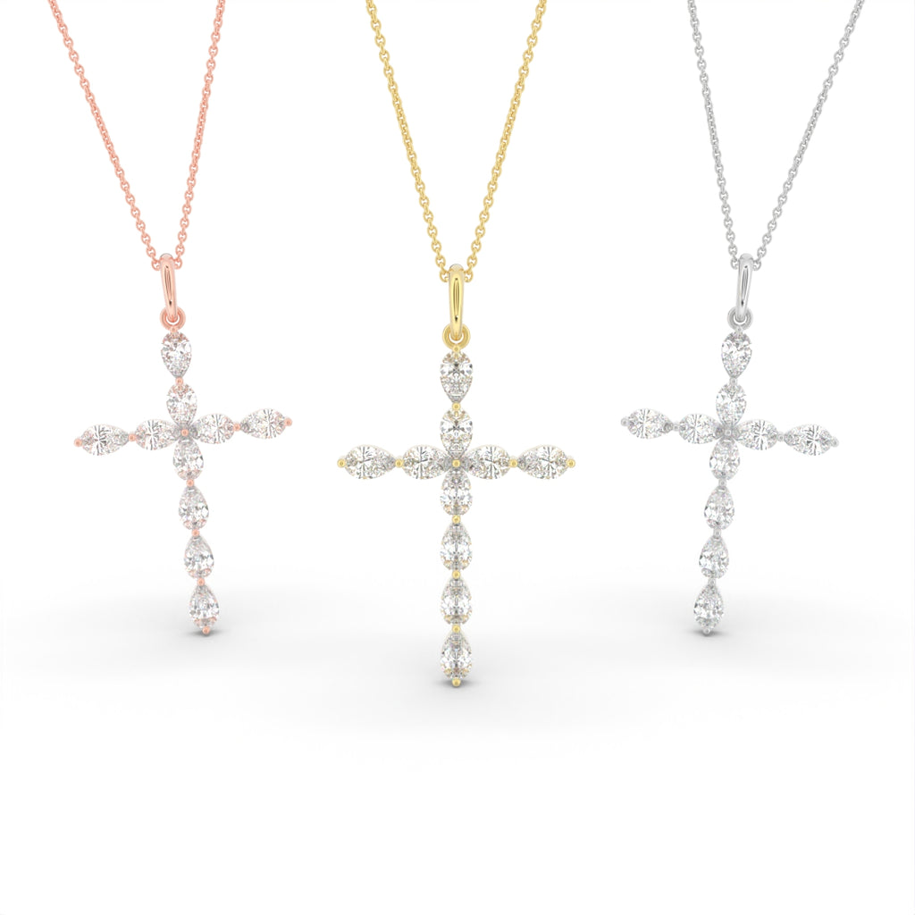 18K Cross Pear Diamond Pendant — 3 COLOR