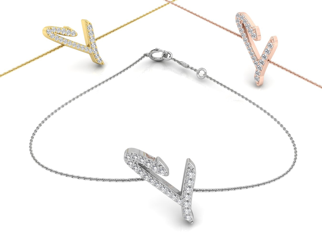 18K Rose Gold Alphabet Round Diamond Bracelet — 3 COLOR