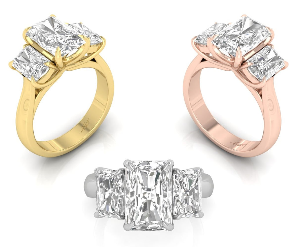 18K White Gold Trilogy Emerald Diamond Ring — 3 COLOR