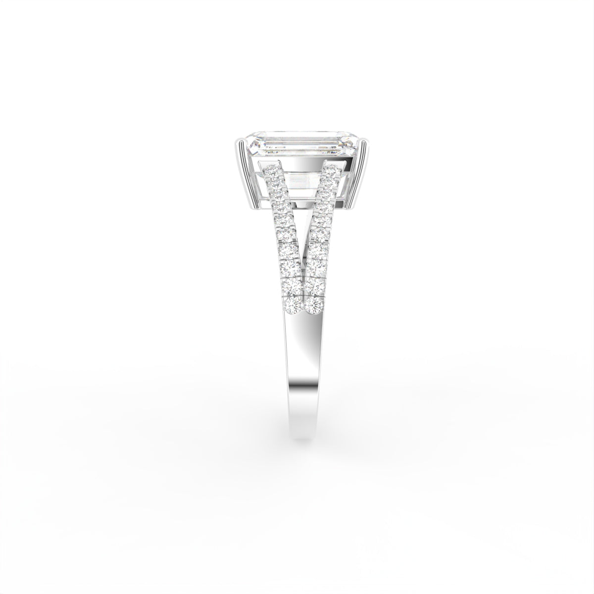 18K White Gold Solitaire Crisscut Emerald Diamond Ring — SIDE