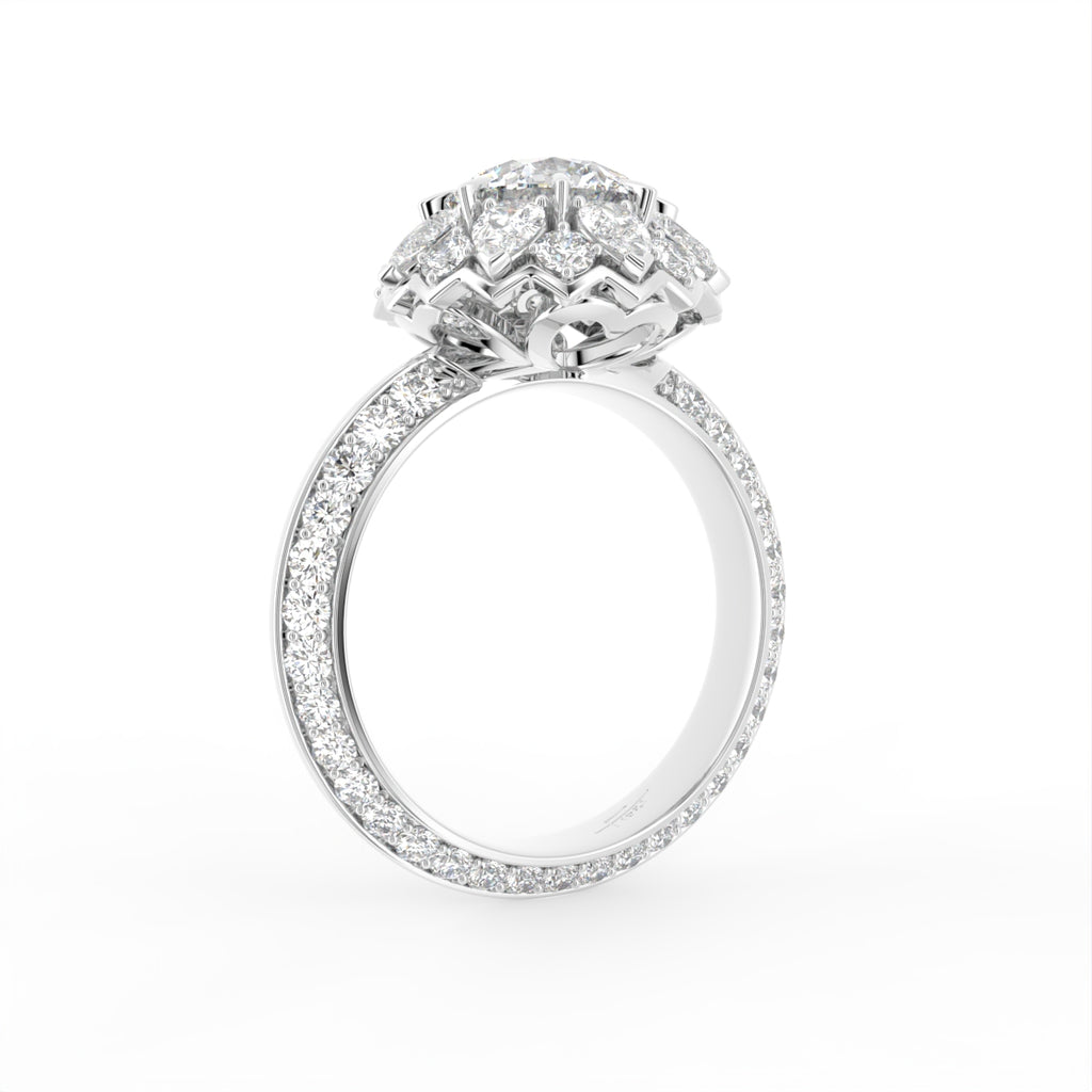 18K White Gold Floral Round Diamond Ring — 3D VIEW