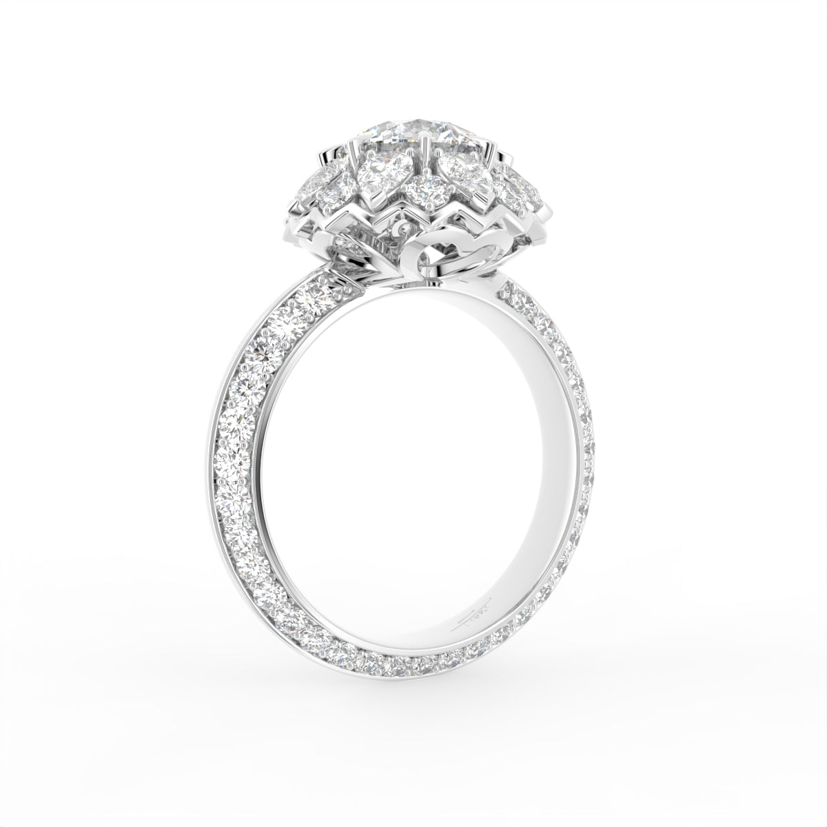 18K White Gold Floral Round Diamond Ring — 3D VIEW