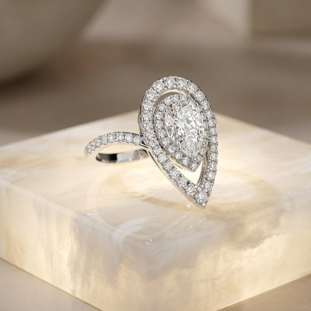18K White Gold Halo Pear Diamond Ring