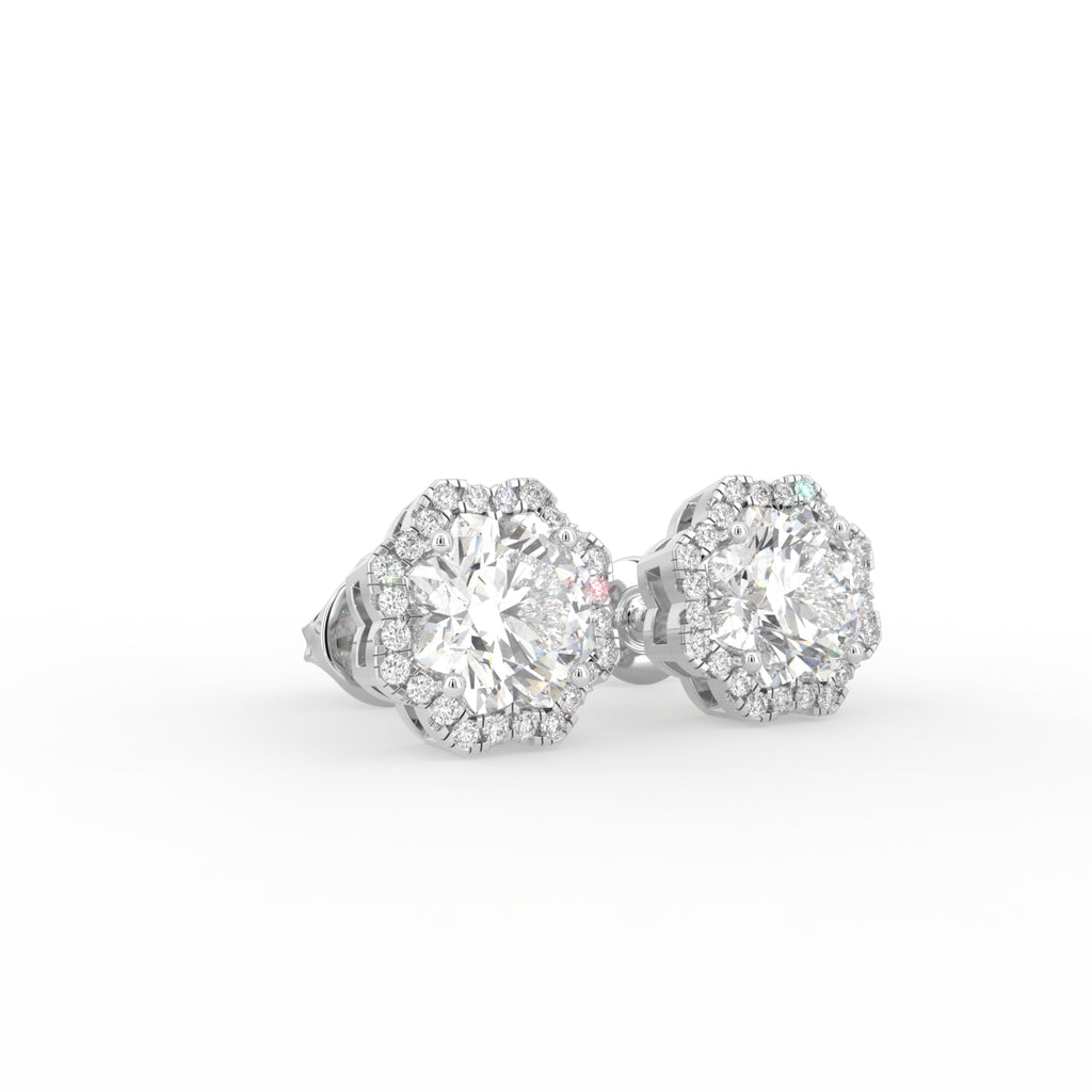 18K Halo Diamond Earrings — 3D VIEW