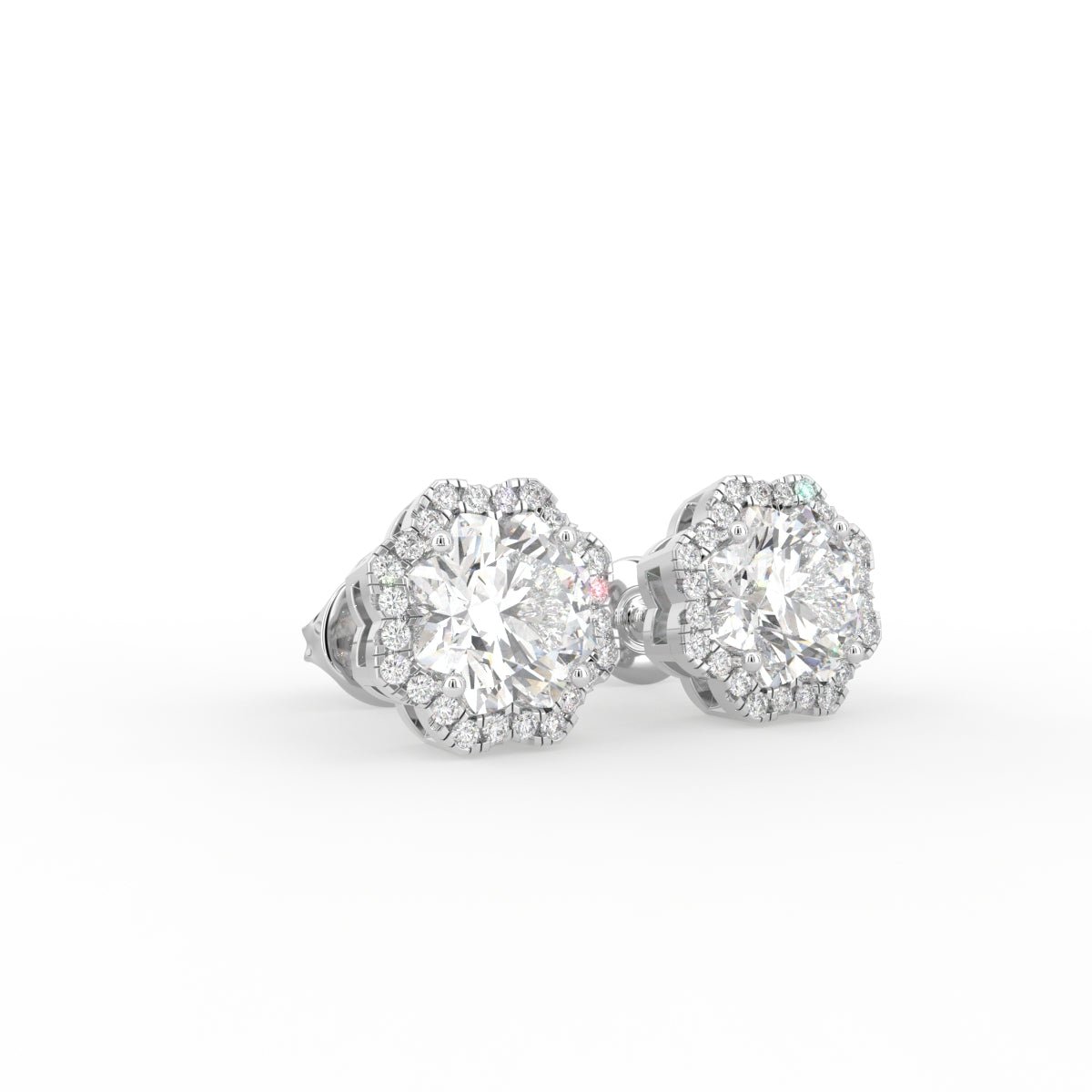 18K Halo Diamond Earrings — 3D VIEW