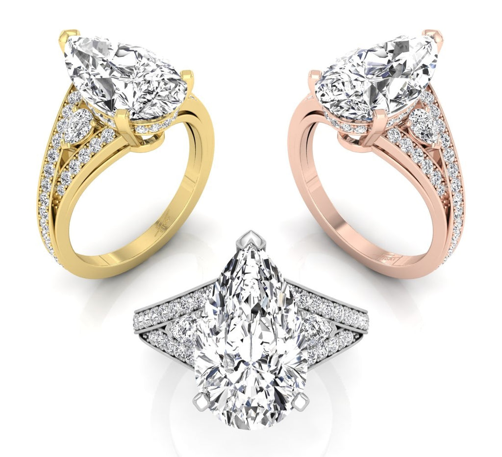 18K Shoulder Set Pear Diamond Ring — 3 COLOR
