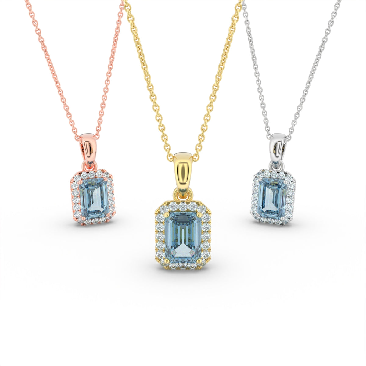 18K White Gold Halo Emerald Blue Diamond Pendant — 3 COLOR