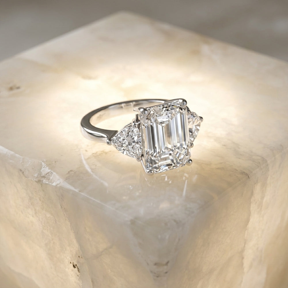 18K White Gold Trilogy Emerald Diamond Ring