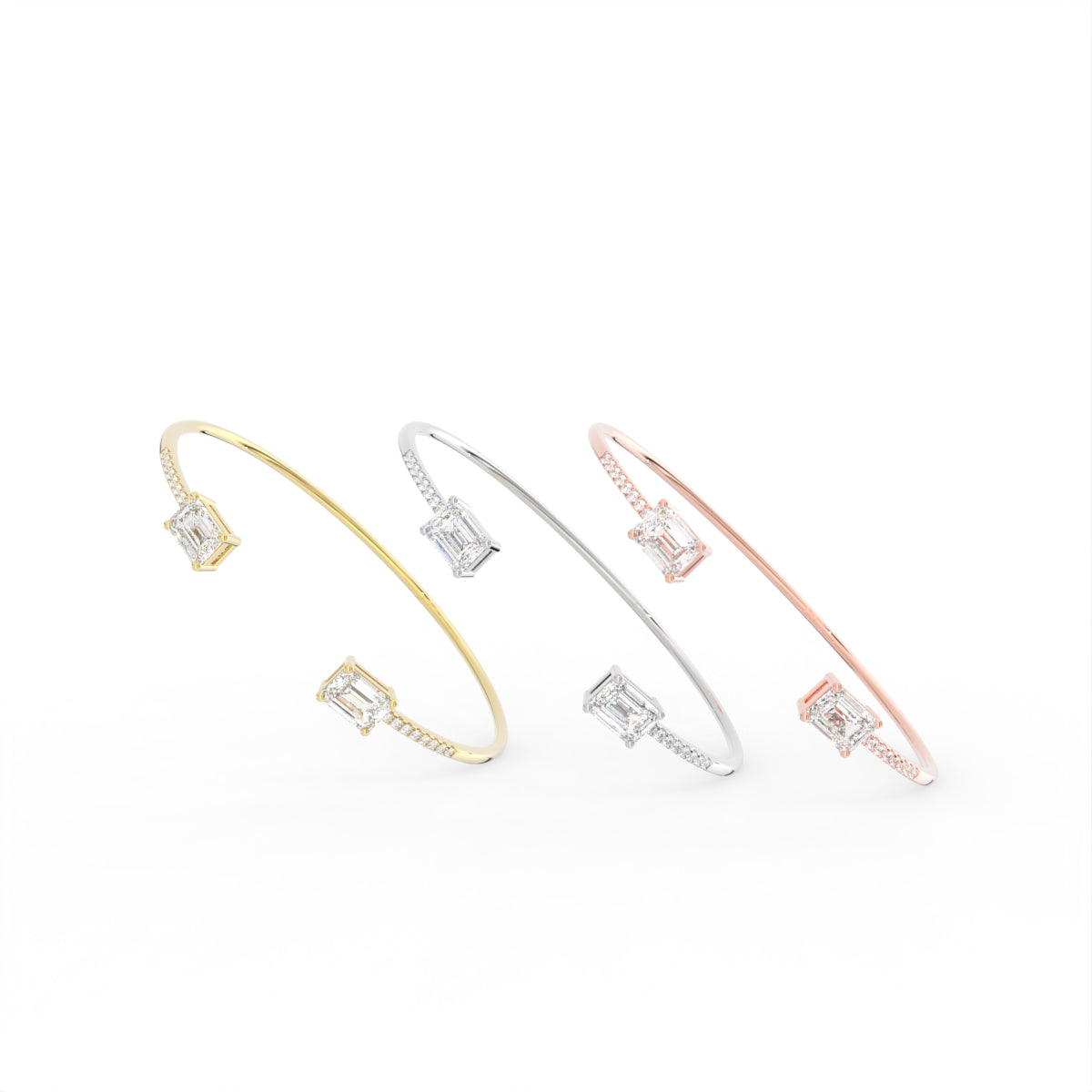 18K Emerald Cut Diamond Bangle — 3 COLOR