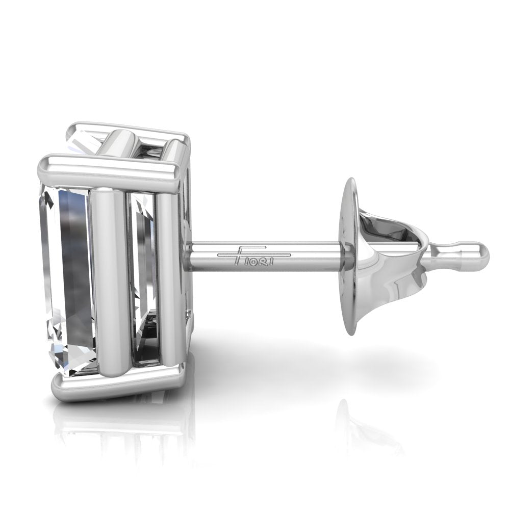 18K White Gold Solitaire Emerald Diamond Earrings — SIDE VIEW