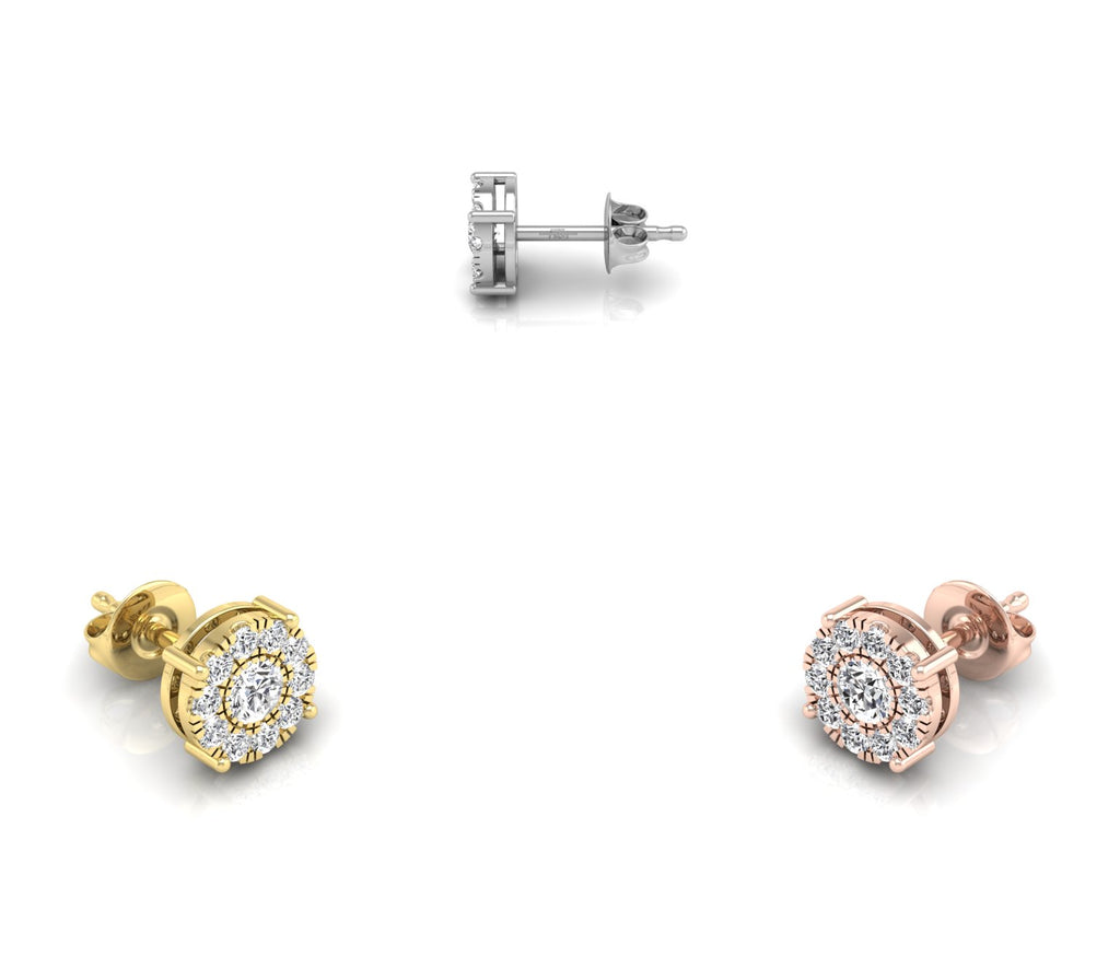 18K Round Floral Halo Diamond Earrings — 3 COLOR