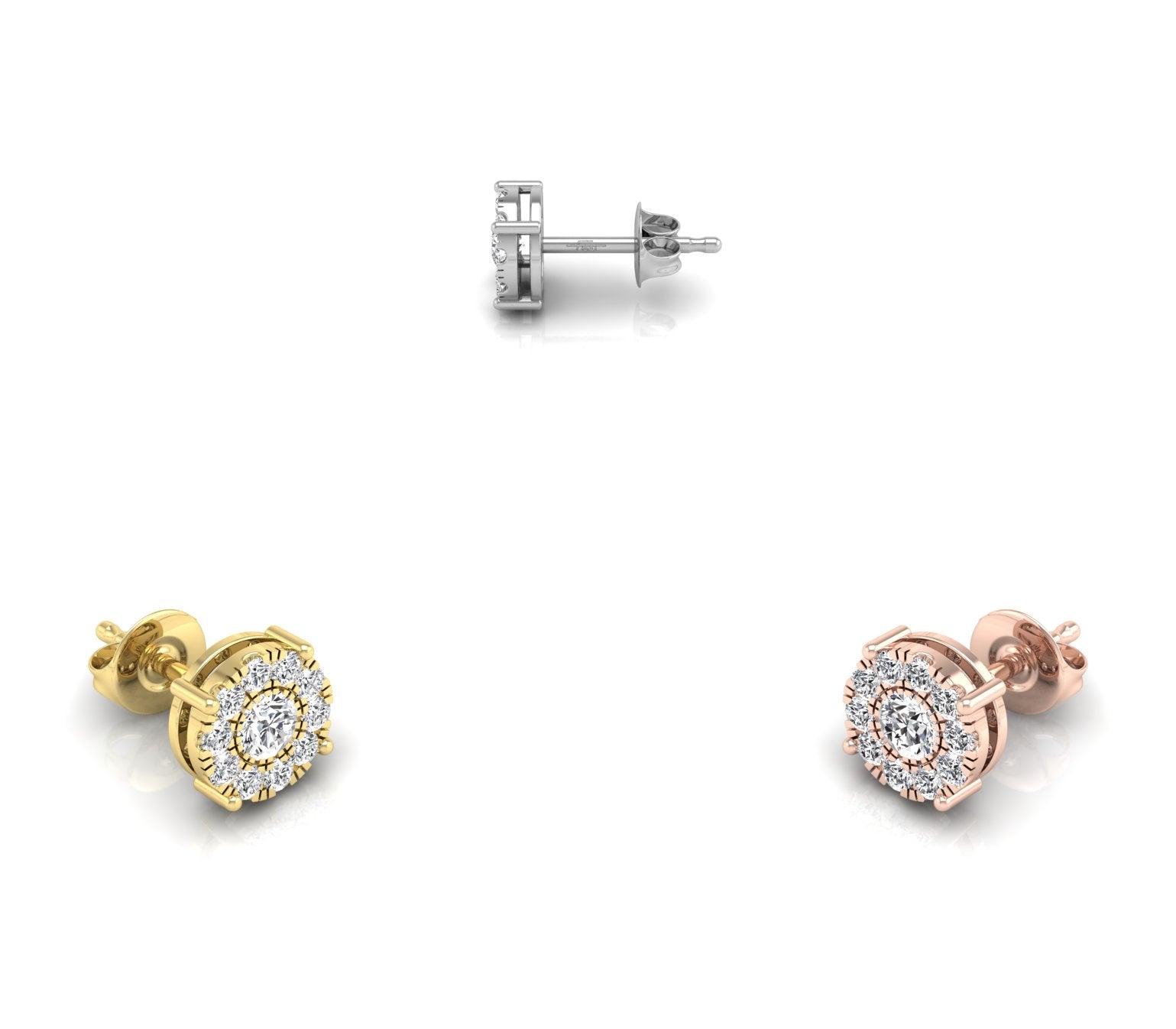 18K Round Floral Halo Diamond Earrings — 3 COLOR