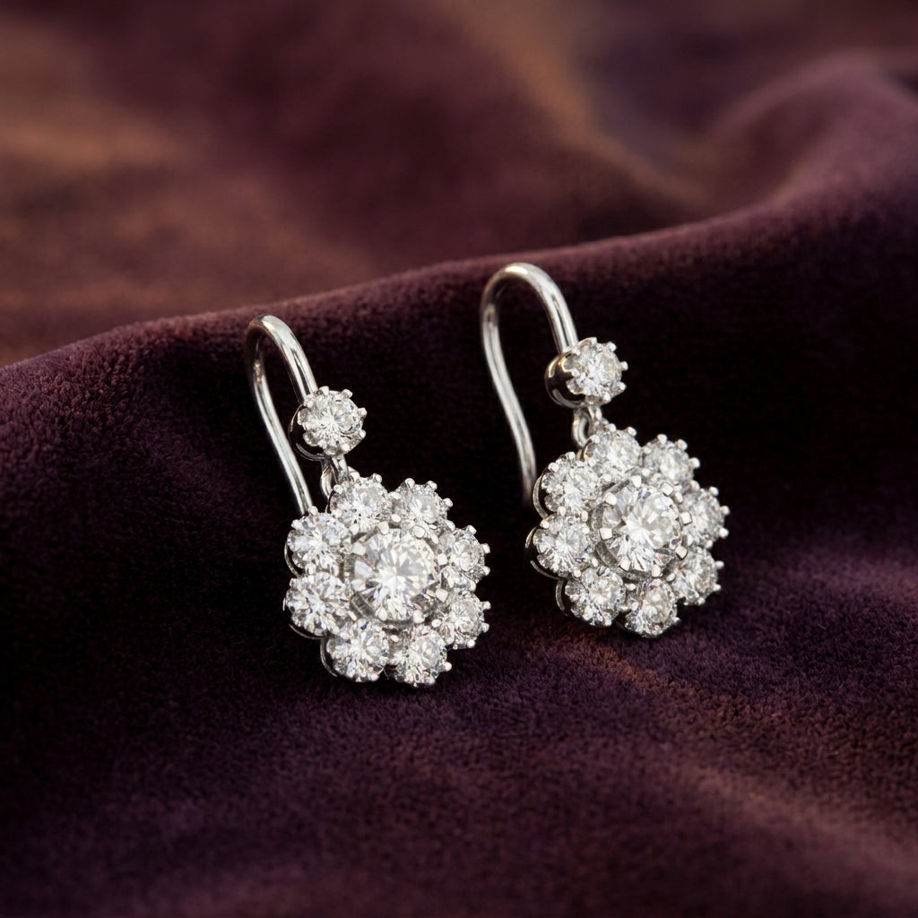 14K White Gold Floral Diamond Earrings