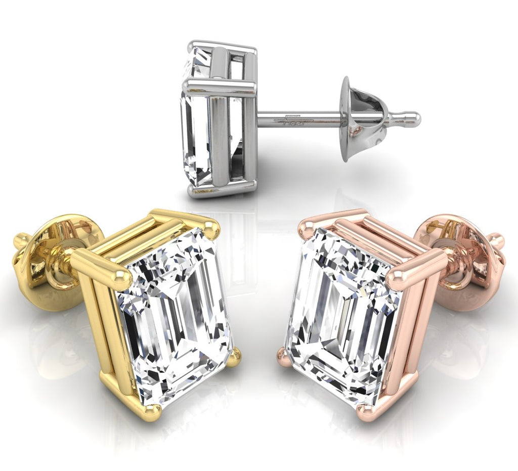 18K White Gold Solitaire Emerald Diamond Earrings — 3 COLOR